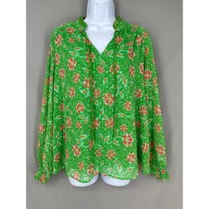 Joie Top Womens Large Green Floral Long Sleeve Ruffle Colorful Cottage Bohemian
